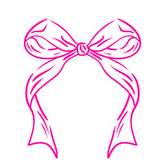 Coquette bow. Hand drawn vintage girly decor. Aesthetic elegant girly pink bow. Trendy element for Valentine and wedding, christmas.