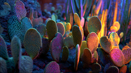 Vibrant Cactus Garden at Night: A captivating close-up shot of a diverse collection of cacti illuminated by vibrant, colorful night lighting, showcasing their unique textures and shapes.