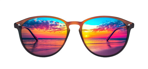 Vibrant sunset hues of orange, pink, and purple reflect in trendy sunglasses on a surface, capturing the beauty of an evening at the beach