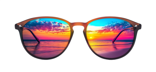 Vibrant sunset hues of orange, pink, and purple reflect in trendy sunglasses on a surface, capturing the beauty of an evening at the beach