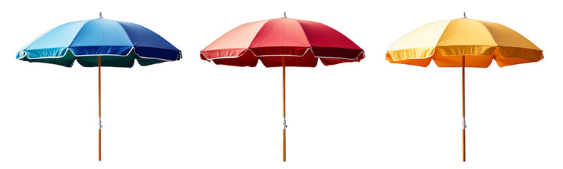Three vibrant beach umbrellas stand in a row, showcasing blue, red, and yellow shades. Perfect for providing shade, they enhance the cheerful atmosphere of a coastal vacation destination