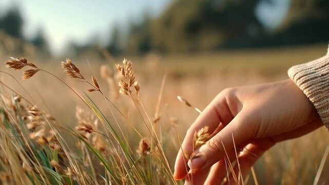 Gentle Touch in the Meadow: A human hand tenderly caresses a patch of golden-brown grass in a sun-drenched meadow, evoking a sense of tranquility and connection with nature.