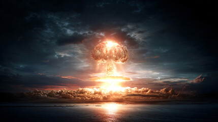 Atomic Inferno: A powerful and ominous depiction of a nuclear explosion, with a vast mushroom cloud dominating the horizon, its destructive energy igniting a chilling and thought-provoking spectacle.