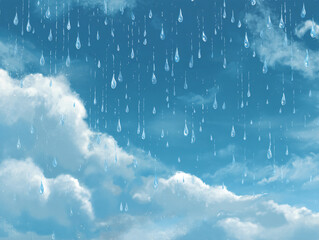 Rain Shower: An artistic depiction of rain falling from a sky filled with fluffy white clouds, creating a serene and calming ambiance.
