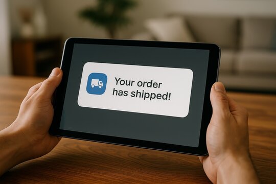 Person holding tablet showing "Your order has shipped!" notification on screen, symbolizing delivery and e-commerce tracking.

 - Powered by Adobe