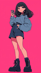 1980年代風レトロアニメ。クール系黒髪美少女。ストリートファッション風のアニメイラスト