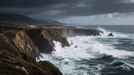Fototapeta premium Wild coastal cliffs and crashing waves under dramatic stormy skies captured with wide-angle lens