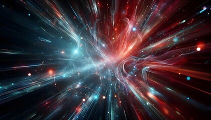 Dynamic abstract background with motion blur effects, energetic lines and particles in red and cyan hues