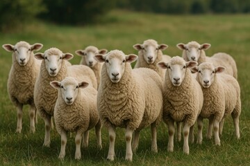 Fototapeta premium Flock grazing green meadow peacefully.