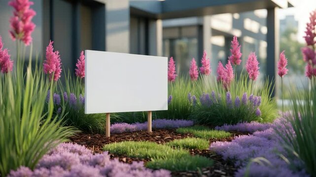 Empty signboard located outdoors. Blank template for a name and logo design mockup. Pathway to the entrance of a business.