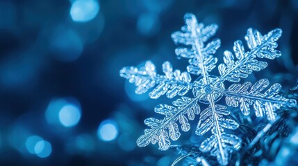 stunning close-up of a single snowflake on a blue background
