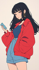 1980年代風レトロファッションの魅力が詰まった美少女キャラクターイラスト｜スマートフォンを触っているアニメスタイルの女の子