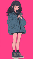 1980年代風レトロファッションの魅力が詰まった美少女キャラクターイラスト｜スマートフォンを触っているアニメスタイルの女の子