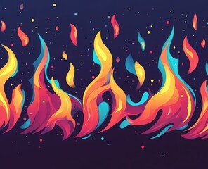 Colorful flame pattern vector illustration. Flat fire background with bold shapes and dark blue backdrop. Symmetrical cartoon design with red, yellow, and orange flames.