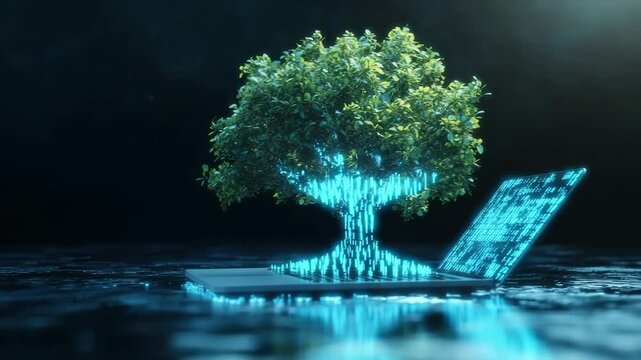 A digital tree growing out of a laptop, symbolizing technology and nature integration. The image combines digital and natural elements