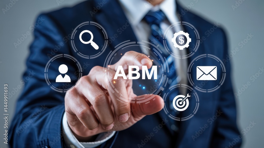 Poster businessman interacting with an abstract system displaying abm.