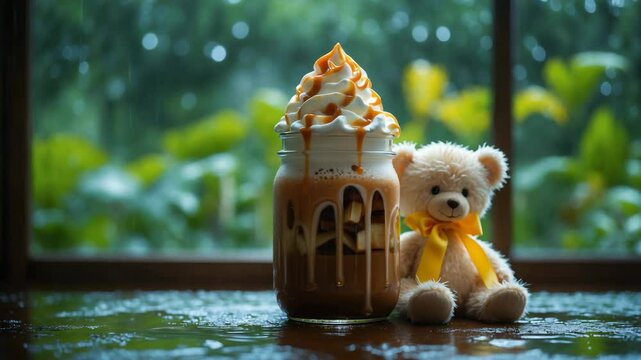Caramel coffee frappe enjoyed on a rainy day