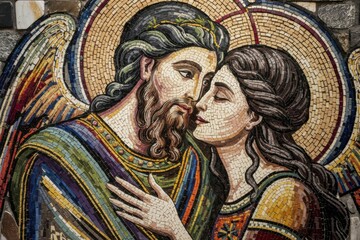 Ancient Mosaic Depicting an Angel and Maiden in a Tender Embrace