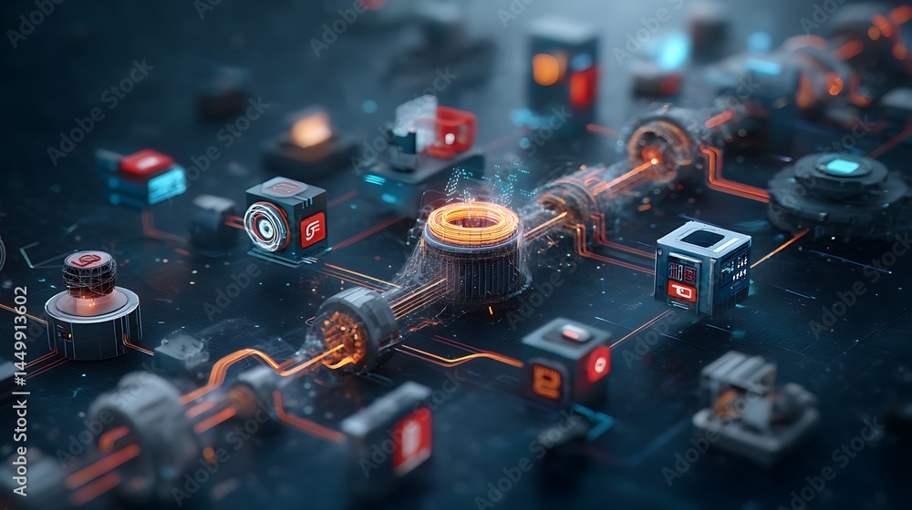 Poster complex interconnected mechanical and digital system. components of a modern engine or vehicle techn
