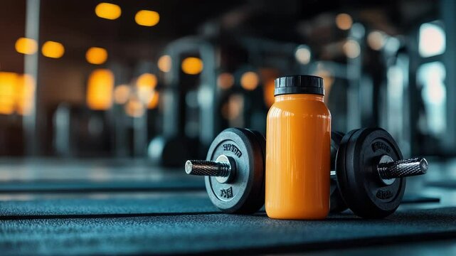 Orange protein shaker bottle standing on gym mat with heavy dumbbells in the background, representing fitness nutrition, post-workout recovery, and strength training in a modern workout environment.