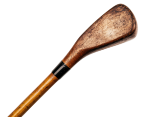 Vintage wooden golf club close up for antique collection display on a transparent background, cut out