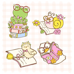 Bookish Spring Animal Reading Cute Cartoon Doodle Illustration with Happy Smile set