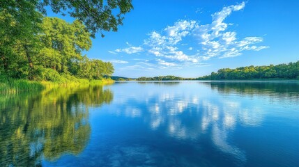 Obraz premium Lake with blue sky reflection and lush green surroundings