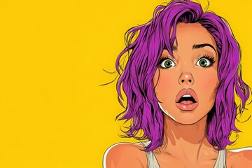 Fototapeta premium Pop art woman with purple hair touching lips in surprise. Vector comic style illustration on yellow background.