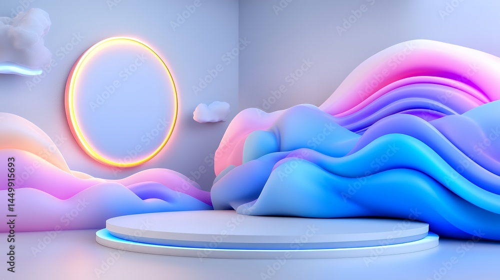 Poster abstract 3d render with podium and colorful shapes
