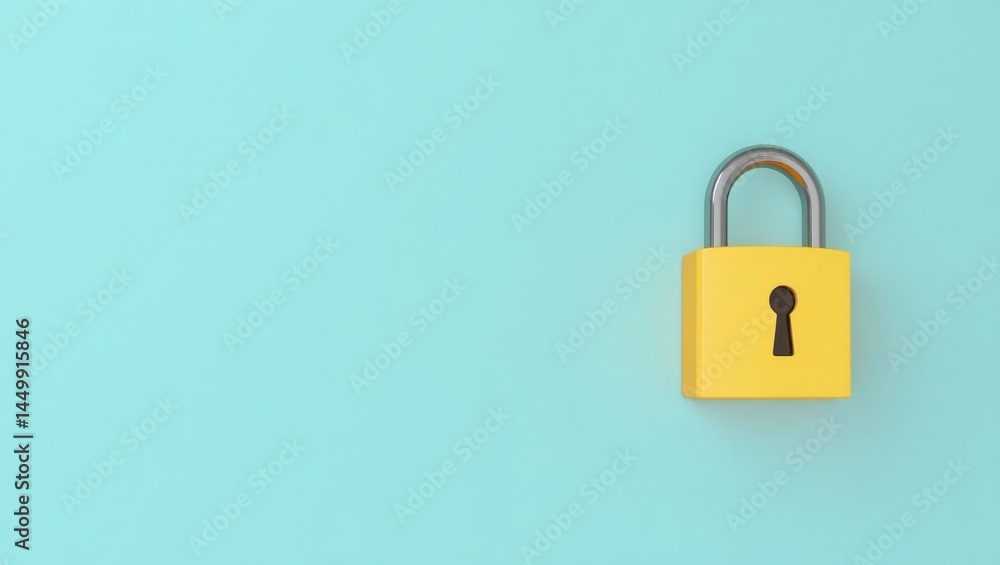 Poster mfa authenticator. security key symbol. isolated background, copyspace.. yellow padlock secures blue