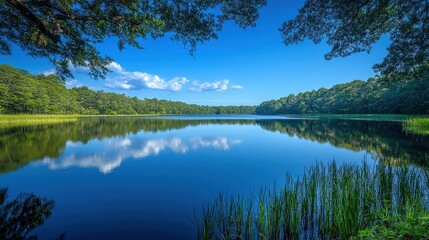 Lake with blue sky reflection and lush green surroundings