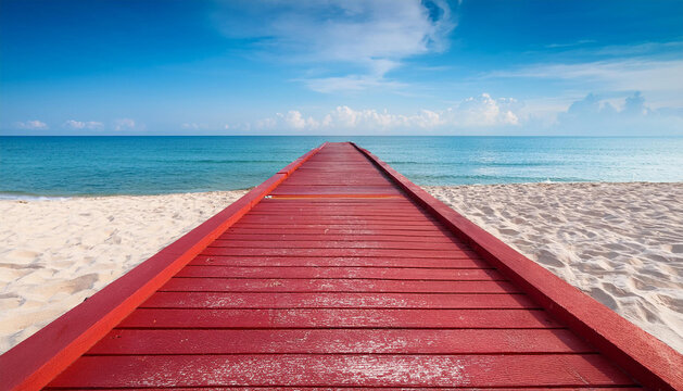 Fototapeta Red wooden pier extends toward calm turquoise sea under a clear sky with fluffy white clouds above tan sand beach. The horizon is straight and inviting.