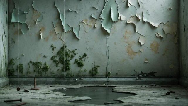 Damp and moldy wall with peeling paint and bulging. Water dripping from the ceiling.