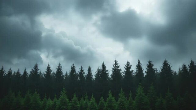 Somber atmospheric landscape showcasing a moody coniferous forest. Dark forest border beneath a cloudy sky during rainfall. Jagged tree tops beneath rainy clouds. Spiky pines and pointed spruces in a