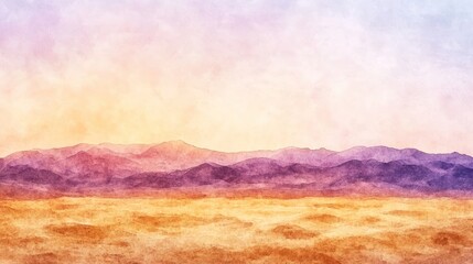 Serene Watercolor Landscape: Desert Sunset Over Majestic Mountains