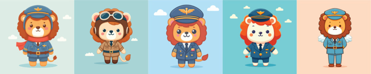 cute lion vector in pilot costume