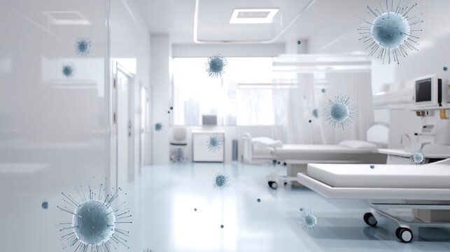 Conceptual image of hospital environment microbe like bacteria or fungi spreading setting showing nosocomial infection hospital acquired infection background white medical equipment background