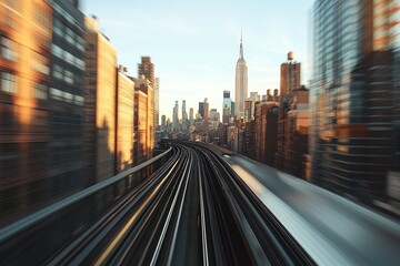 Motion blur over train tracks toward city skyline, fast-paced travel captured with modern architecture rising under clear evening sky

