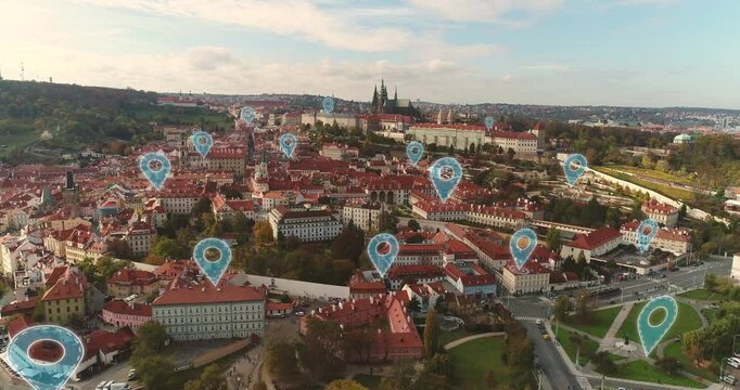 Map markers above Prague. Marking tourist places with map markers above Prague. Panorama of the tourist city with markers of popular places. Location markers above the city.