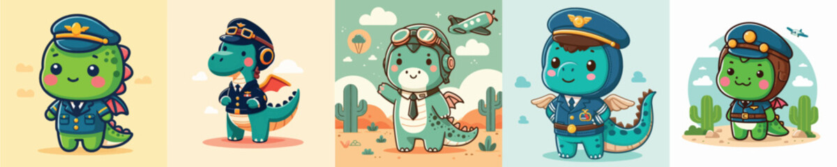 cute dinosaur vector in pilot costume