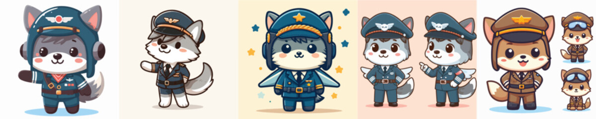 cute wolf vector in pilot costume