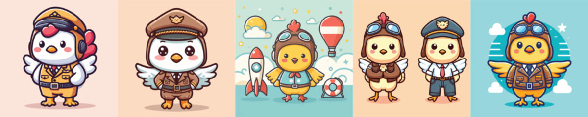 cute chicken vector in pilot costume