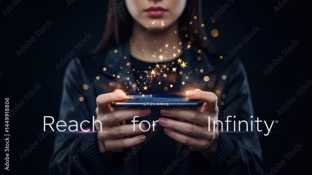 Poster close-up of a person holding a mobile device with magical particles.