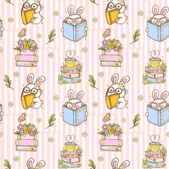 Cute Bookish Spring Bunny Reading Books Seamless Pattern Pastel Reading Wallpaper Cartoon Doodle Illustration