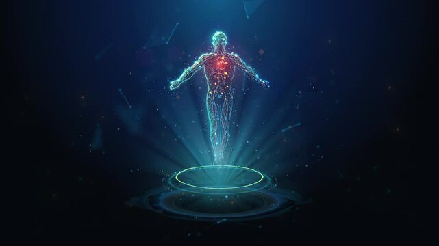 Human Body Holographic Projection over HUD with Light Rays in Center Abstract Seamless Animation. Health computer diagnostic in healthcare medical industry animated looped concept on blue background