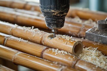  Electric drill creating hole in bamboo stick, wood shavings scatter, focused shot of craftsmanship and precise woodworking process