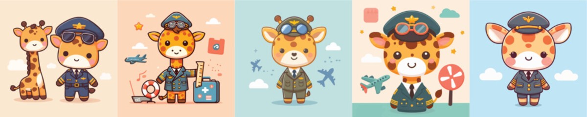 cute giraffe vector in pilot costume