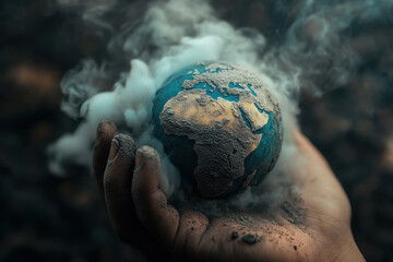 A close-up of a small globe covered in smoke and industrial waste, resting in a human hand with a dark and polluted background