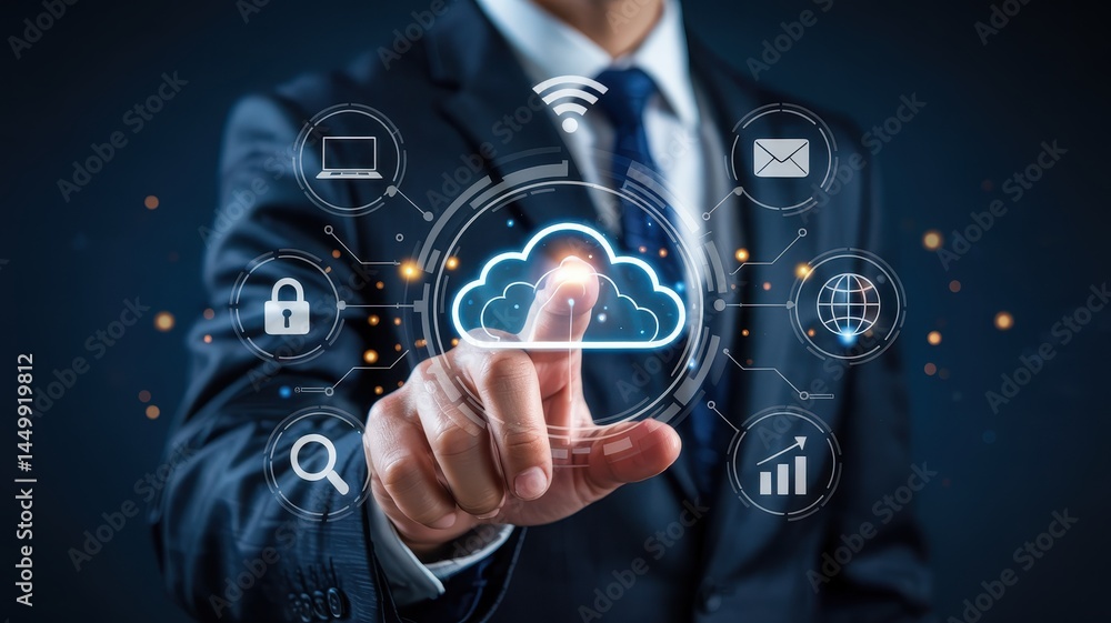Poster businessperson interacting with digital cloud computing interface.