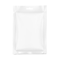 Transparent sachet bag with euro slot mockup. Hyper realistic vector illustration isolated on white background. Ready for use in your design. EPS10.	